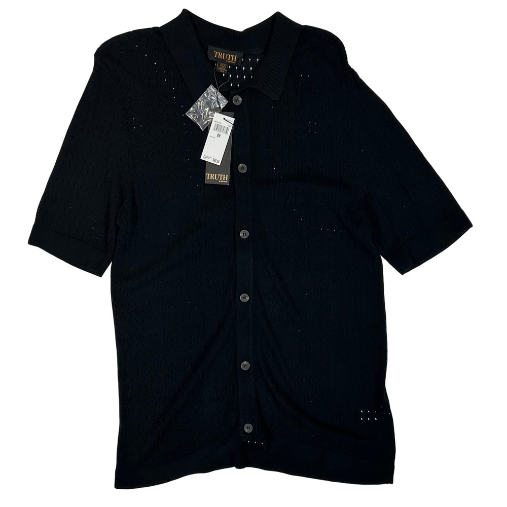 Truth by Republic Mens Black Pointelle Open Knit Short Sleeve Button Down Shirt